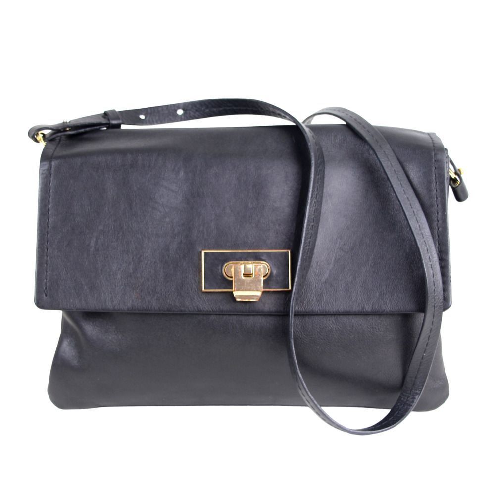 Massimo Dutti BLACK GENUINE LEATHER FLAP THREE COMPARTMENTS X-BODY SHOULDER BAG